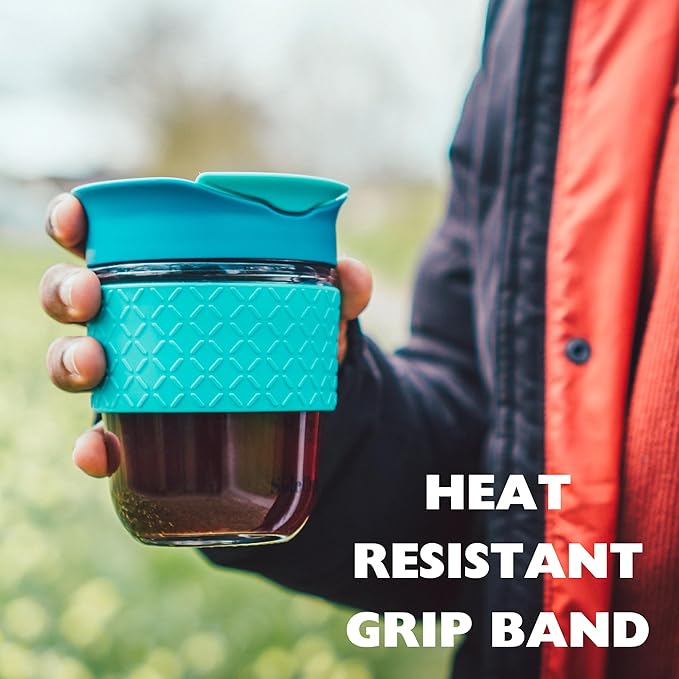 Reusable Strengthened Glass Travel Cup - Spill Proof Insulated Coffee Mug - 12oz/340ml BPA-Free Hot Drink Travel Mug with Lid & Silicone Band (Gray and Pink, 12oz)