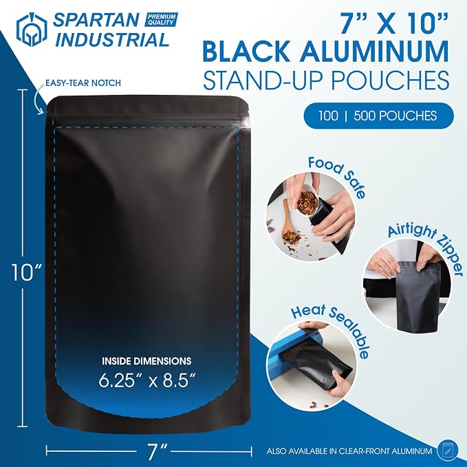 7" X 10" Matte Black Stand-Up Pouches - 500 Count Smell-Proof Mylar Bags | for Food Storage With Heat Sealable Opening and Resealable Zipper - Spartan Industrial - Image 2