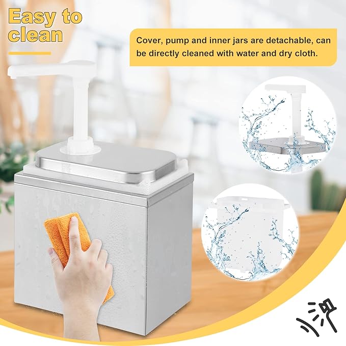 2L Sauce Dispenser Pump Stainless Steel Condiment Pump Station Condiment Pump Dispenser with 2.1 Quart Jar