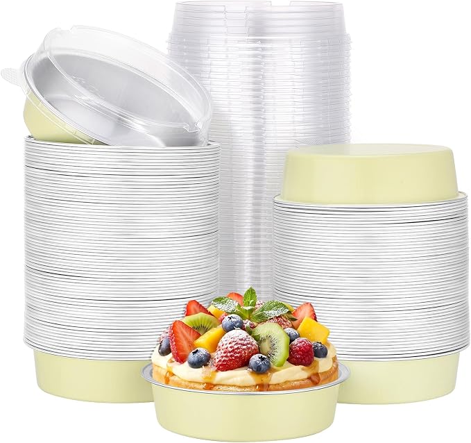 Beasea Disposable Tart Pans with Lids, 120 Pack 7.3oz Mini Pie Tins Creme Brulee Ramekins Aluminum Foil Pie Tart Cake Baking Pans Tins Cheesecake Containers for Birthday Party - Sage Green by Beasea