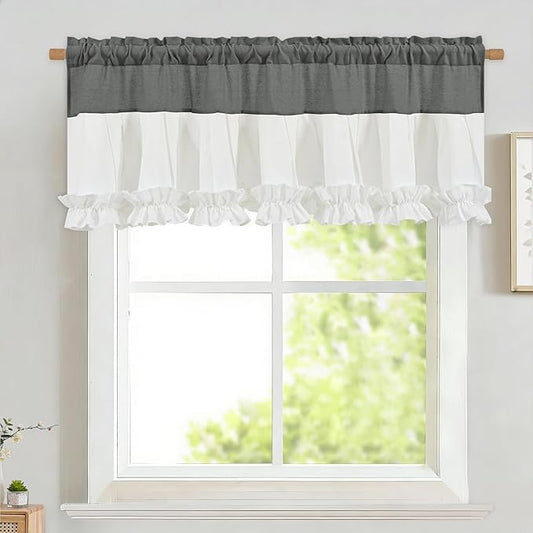 Likiyol Linen Valances for Windows Farmhouse Window Valances with Ruffle Rustic Country Light Filtering Kitchen Valance Curtains Rod Pocket Valance for Bathroom Cafe, Grey White, 52" W X 18" L by Likiyol