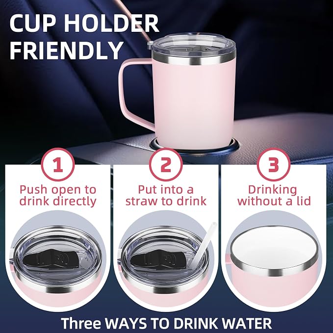 20 oz Insulated Coffee Mug with Ceramic Coating, Stainless Steel Travel Mug Tumbler with Handle Lid and Straw, Double Wall Leak-Proof Coffee Travel Mug Keeps Drink Hot and Cold (Pink) - Image 6