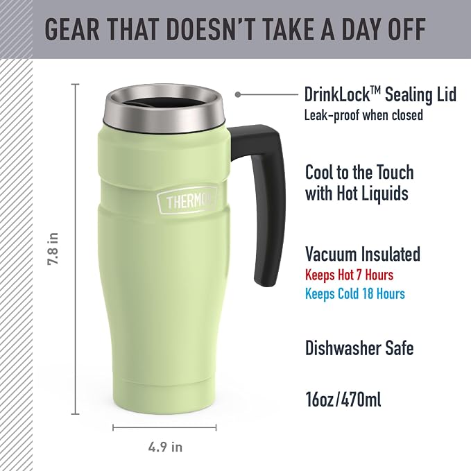 THERMOS Stainless King Vacuum-Insulated Travel Mug with Handle - 16oz, Matte Green Tumbler for Hot & Cold Drinks - Leak & Sweat-Proof Stainless Steel Coffee Mug with Lid for Commuting - Image 2