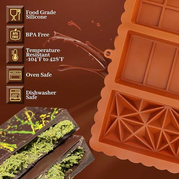 Dubai Chocolate Bar Mold, 1.2 Inch Deep Silicone Chocolate Molds, 3-Cavity Large Candy Bar Mold for Dubai Pistachio Chocolates, Candies, Desserts