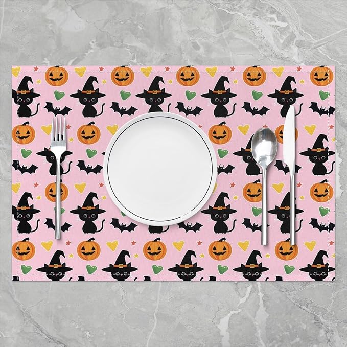 Feelyou Happy Halloween Placemats Set of 4 Cute Ghost Cat Table Mats Pink Orange Green Place Mat for Kitchen Dining Table Party Decor Indoor Outdoor 18"x12" Non-Slip Easy to Clean Pumpkin Lantern Bats - Image 2
