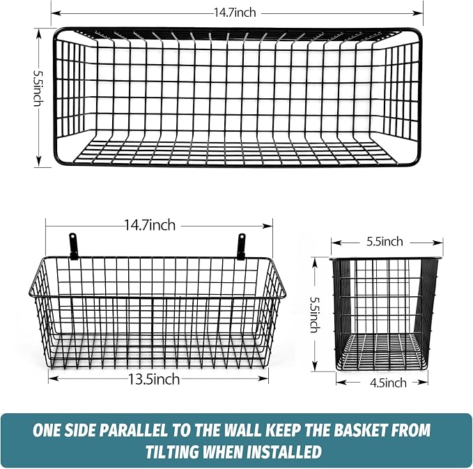 4 Set [EXTRA LARGE] Hanging Wall Mount Storage Baskets with Adhesive Hooks & Steel Hooks, Multiuse Sturdy Wire Metal Organizing Baskets for Home Kitchen Bathroom Pantry Utility Organizer, Black - Image 4