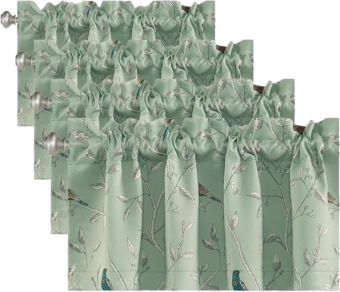 H.VERSAILTEX Blackout Curtain Valances for Kitchen Window/Living Room/Bathroom Privacy Added Rod Pocket Home Decoration Winow Valance, 52" W x 18" L, Birds in Sage (Pack of 4) by HVERSAILTEX