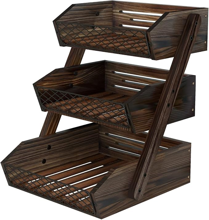 Dorhors Fruit Basket for Kitchen Counter Organizer,Fruit Bowl Stand Storage | 3 tier Rustic Brown Vegetable Holder,Wood Bread Display Rack,Kitchen Countertop Organizer Shelf for Snack,Onion,Banana,Potato by Dorhors