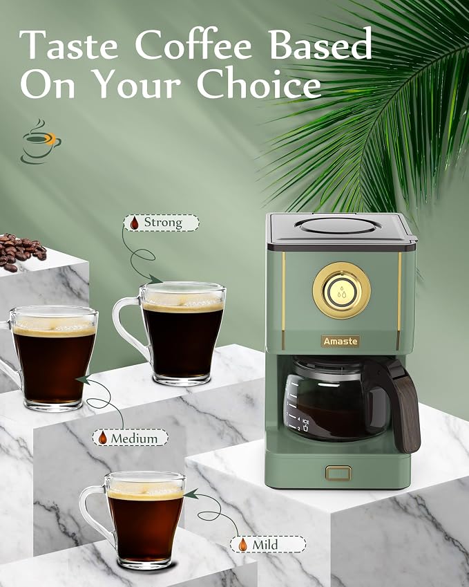Amaste Drip Coffee Maker, Coffee Machine with 25 Oz Glass Coffee Pot, Retro Style Coffee Maker with Reusable Filter & Three Brewing Modes, Collapsible Silicone Coffee Cup,Warming Plate, Matcha Green - Image 5