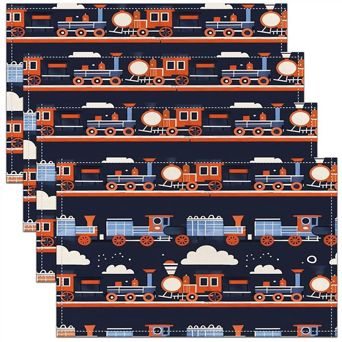 Feelyou Train Placemats Set of 4 Cartoon Train Transportation Table Mats Colorful Steam Engine Place Mat for Kitchen Dining Table Party Decor Indoor Outdoor 18"x12" Easy to Clean by Feelyou