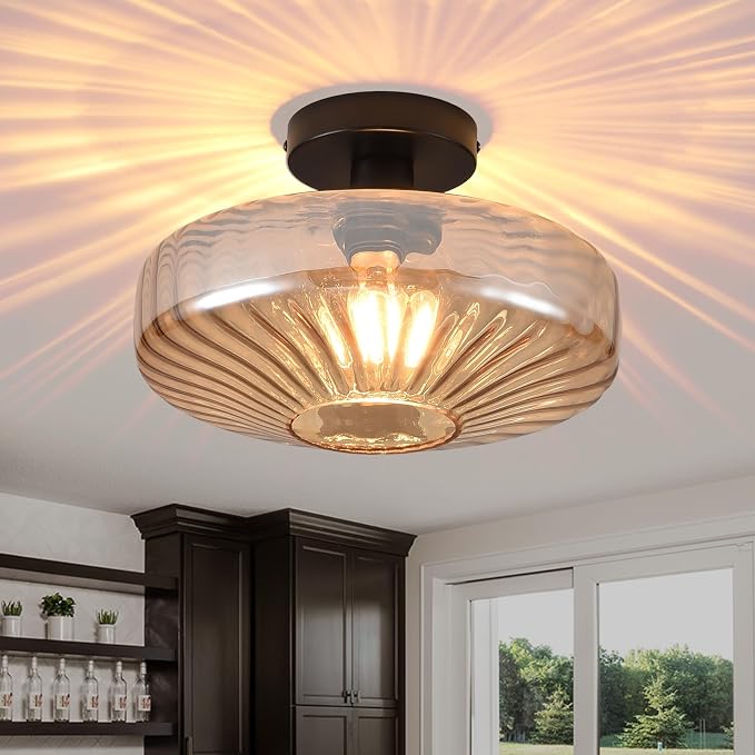 Semi Flush Mount Ceiling Light,11.8 inch Vintage Warm Amber Glass Ceiling Light Fixture,Living Room Lighting Fixtures Ceiling for Hallway Porch Bedroom Bathroom Dining room,E26 Base(Bulb Not Included) by Unknown