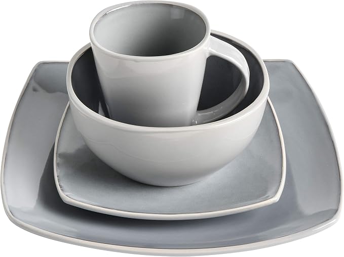 Gibson Elite Soho Lounge Square Reactive Glaze Stoneware Dinnerware Set, Service for 4 (16pc), Light Gray - Image 3