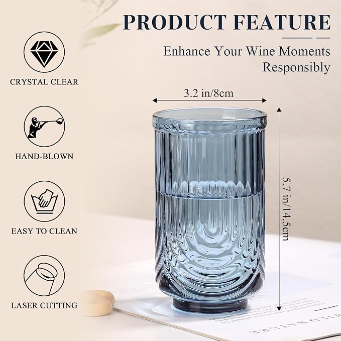 Blue Vintage Drinking Glasses Set of 6-17oz Hand-Blown Highball Ribbed Glassware, Arch Design Cocktail Glasses for Whiskey Water Beverages Ice Coffee Juice Milk - Image 2