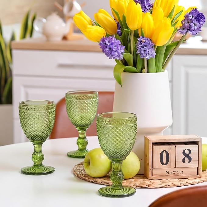 Bokon 12 Pack Green Glass Goblets Set 10 oz High Clear Wine Glass Vintage Water Goblets Cups Embossed Diamond Design Glassware with Stem for Drinking Juice Liquor Party Wedding Bar - Image 6