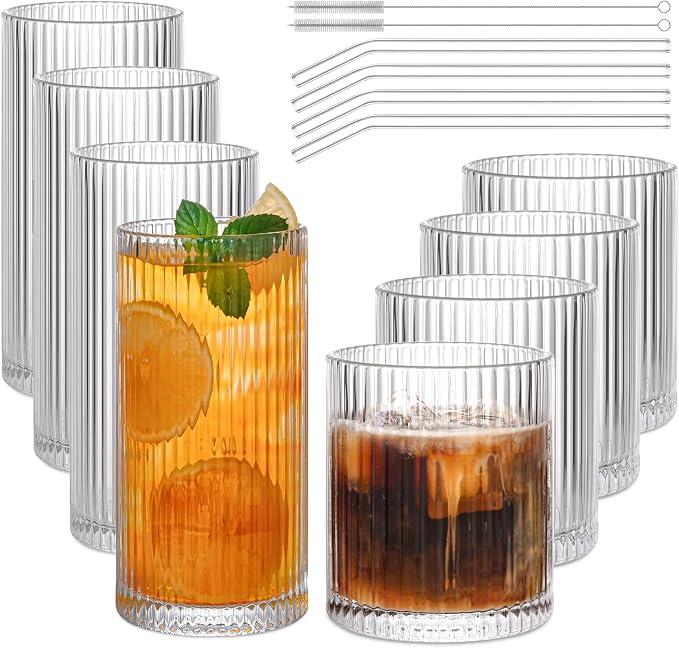 Set of 8 Vintage Ribbed Glassware,4 Highball Glasses 12 oz,4 Rocks Drinking Glasses 14 oz,Ribbed Cocktail Glass Cup,Drinking Glass Set,Used for Whiskey,Juice,Smoothies,Mixed Drinkware by AUFXKOO
