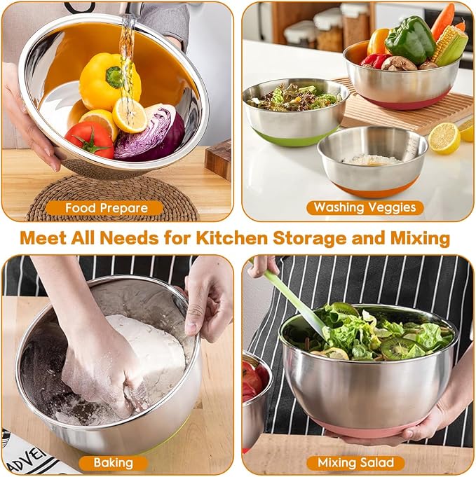 Mixing Bowls with Airtight Lids, 18pcs Stainless Steel Mixing Bowls Set | Nesting Non-slip Silicone Bowls Bottom, Size 4.5, 3.6, 2.7, 2.1, 1.7, 1.1, 0.7 qt, Fit for Mixing & Serving(Colorful ) - Image 6