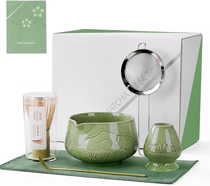 ZENS Matcha Whisk Set, 6Pcs Matcha Kit Set Includes Ceramic Bowl, Bamboo Whisk and Chasen Holder,Scoop, 304 Stainless Sifter & Tea Mat, Matcha Set for Tea Ceremony, Blue