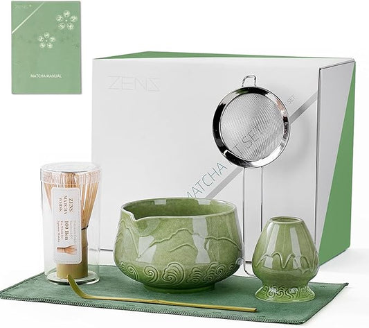 ZENS Matcha Whisk Set, 6Pcs Matcha Kit Set Includes Ceramic Bowl, Bamboo Whisk and Chasen Holder,Scoop, 304 Stainless Sifter & Tea Mat, Matcha Set for Tea Ceremony, Blue