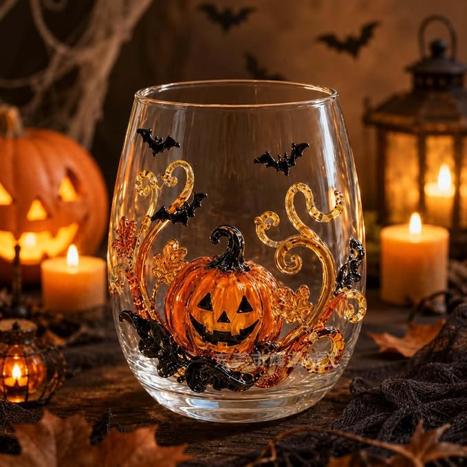 Halloween Ghost Stemless Wine Glass, 3D Raised Pumpkin Black Cat Spider Design Glassware Collection, Novelty Spooky Drinking Glasses for Cocktails, Halloween Party Decor Home Bar Gift，Pumpkin style by Unknown