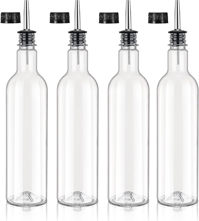 25 oz Plastic Long Neck Bottle with Stainless Steel Leakproof Tapered Spout Pourer and Cap Syrup Alcohol Juice Coffee Liquor Container for Home Christmas Party Bar Service Bartending Supplies(4 Pack)