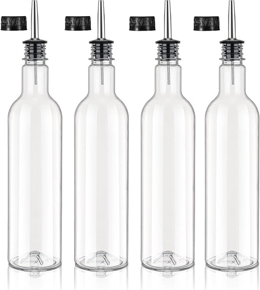25 oz Plastic Long Neck Bottle with Stainless Steel Leakproof Tapered Spout Pourer and Cap Syrup Alcohol Juice Coffee Liquor Container for Home Christmas Party Bar Service Bartending Supplies(4 Pack)