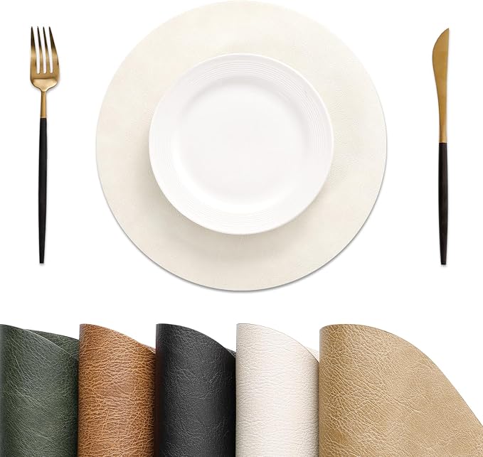 MOSAYT 13 Inch Round Vinyl Placemats Set of 8 - Faux Leather 100% Waterproof Oil-Proof Wipeable PU Place Mats, Heat Resistant Reversible Table Mats for Kitchen, Dining, Outdoor, Beige by MOSAYT