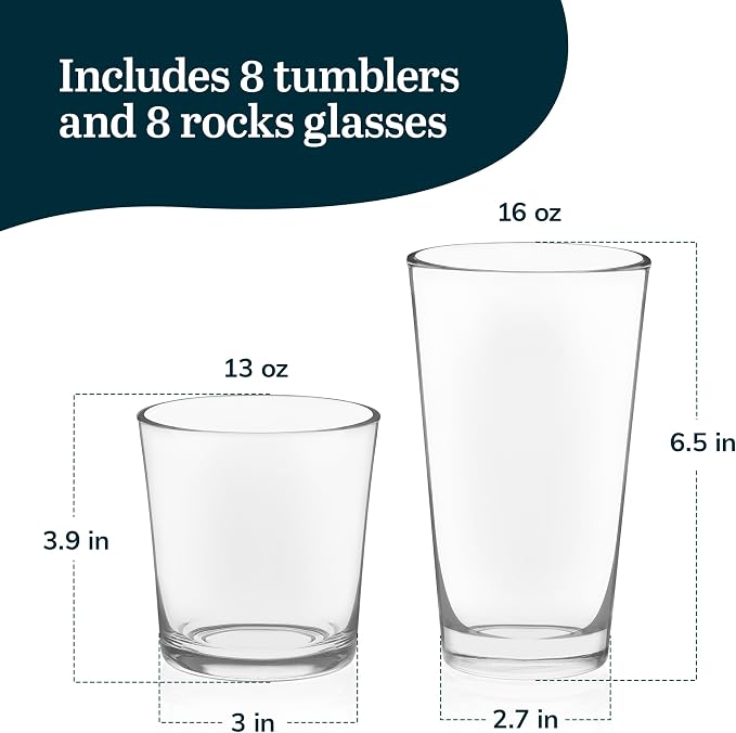 Libbey Preston Tumbler & Rocks Drinking Glasses Set of 16, All-Purpose Cups | 16 oz and 13 oz Capacities for Water, Juice, Cocktails, and More with Wide Mouths and Dishwasher-Safe Cleanup - Image 3