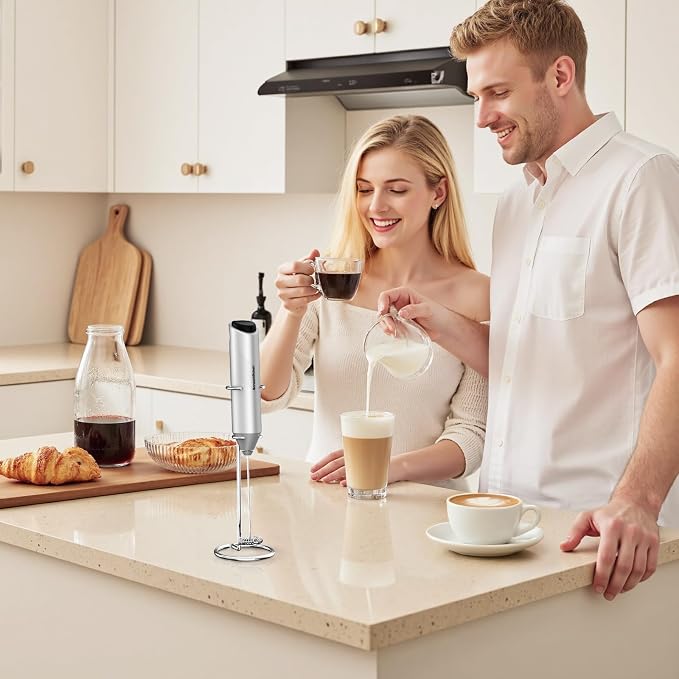 Bonsenkitchen Milk Frother with Stand for Coffee, Battery Operated Frother | Fast Handheld Drink Mixer with Stainless Steel Whisk, Powerful Hand Frother, Creates Rich Foam, Silver - Image 8