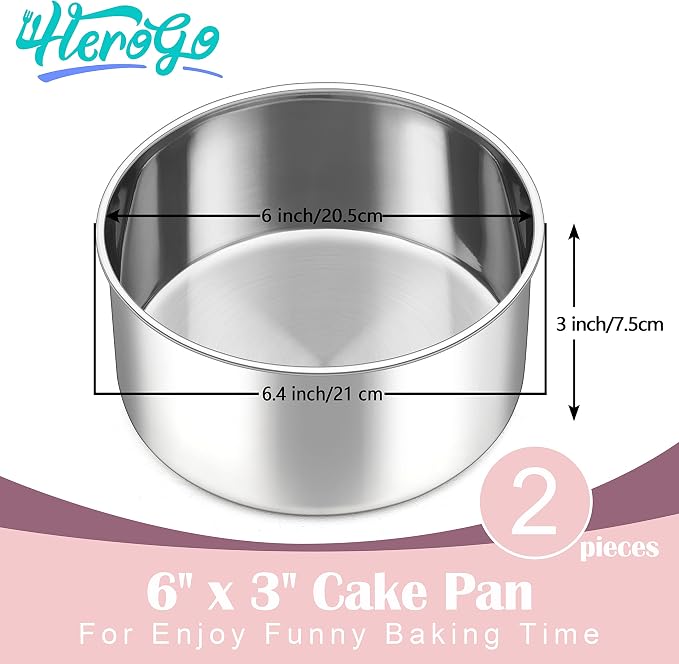Herogo Cake Pans Set of 2, 6'' x 3'' Stainless Steel Deep Round Baking Pans, for Layer Birthday Wedding Christmas Cakes, Deep Side & One-piece Construction, Oven & Dishwasher Safe - Image 2