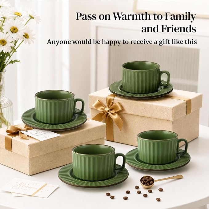 DOWAN Cappuccino Cup Set of 4, 8 OZ Ceramic Coffee Cups with Saucers, Coffee Mugs, Ribbed Espresso & Latte Cups Set, Elegant Stoneware for Home & Café Use - Image 9