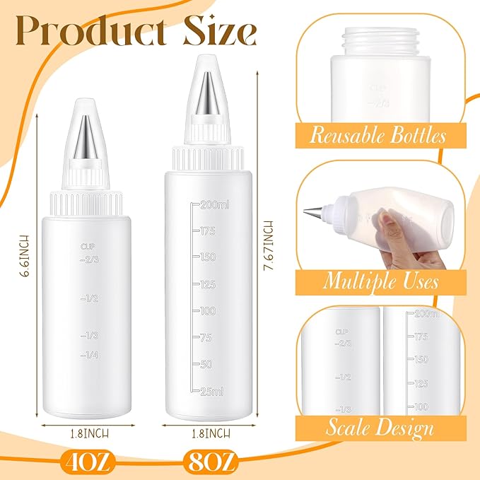 4 Pcs Plastic Squeeze Bottles for Cookie Icing Bottle Decorating Supplies Squeezing Applicator Writer for Food Coloring Frosting Pancake Arts (4 oz & 8 oz)