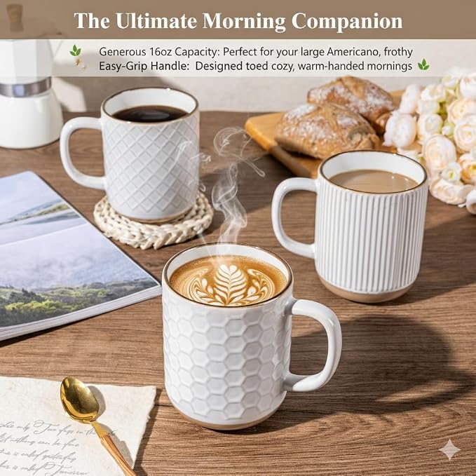 GBhome Large Coffee Mugs Set of 6, 16oz Handmade Stoneware Coffee Mugs Set with Large Handle for Cappuccino/Latte/Tea/Hot Cocoa, Dishwasher & Microwave Safe, Off White - Image 6