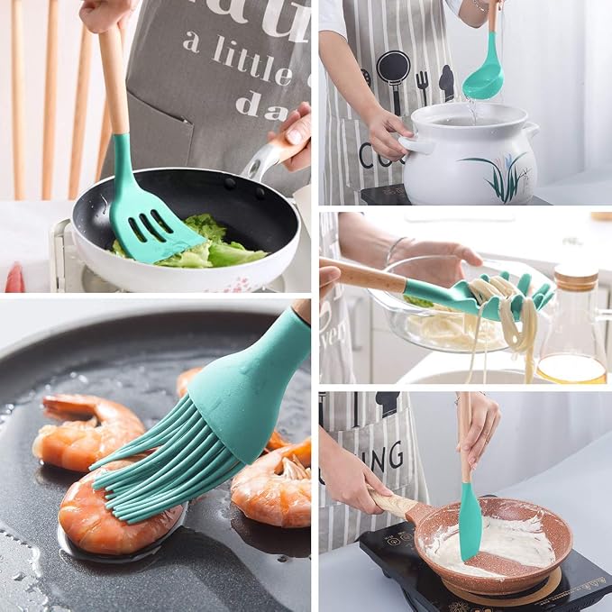 MIBOTE Silicone Cooking Kitchen Utensils Set, Wooden Handle, Teal | BPA-Free, Non-Toxic Silicone Turner, Tongs, Spatula, Spoon Set – Great for Nonstick Cookware, Heat-Resistant, Easy Clean - Image 4