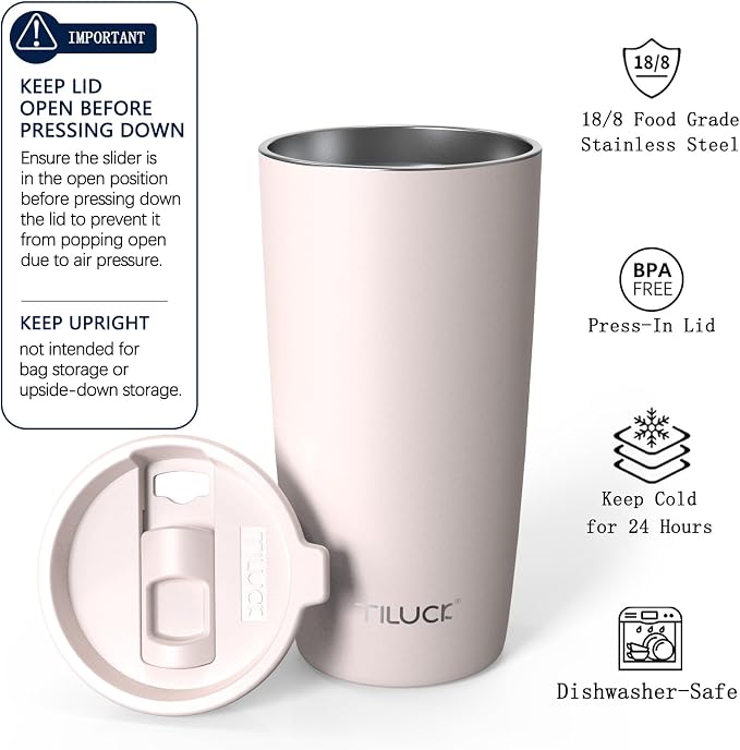 TILUCK 20 oz Insulated Coffee Tumbler with BPA-Free Lid | Travel Coffee Mug, Dishwasher Safe, Cup Holder Friendly, Double-Wall Vacuum Insulation for Hot & Cold Drinks, MatteSakuraPink - Image 2