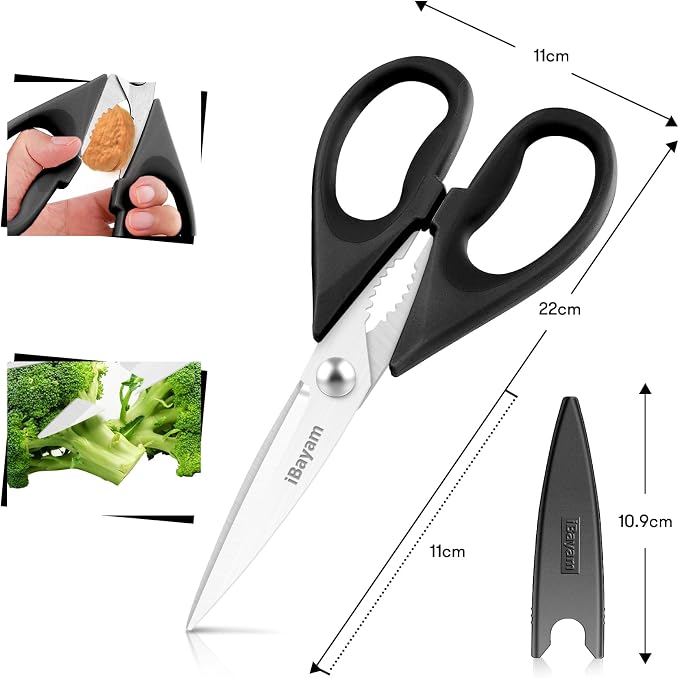 iBayam All Purpose Kitchen Shears with Protective Sheath, Black, 8.7 inch | Durable Stainless Steel Scissors, Dishwasher Safe, Soft Grip Comfort Handle, Built-In Bottle Opener - Image 3