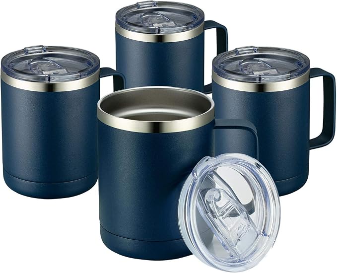 MEWAY 12oz Coffee Mug With Handle 4 Pack Bulk,Stainless Steel Insulated Travel Tumblers With Sliding Lid,Double Wall Vacuum Camping Cup for Hot & Cold Drinks Tea (Navy,Set of 4) by MEWAY