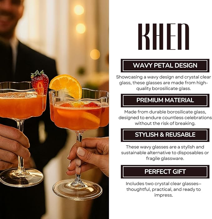 Khen Vintage Wavy Glass Coupes Martini, Champagne & Cocktail Coupes - Set of 2-7oz Colorful Cocktail Glasses & Champagne, Prosecco, Mimosa Glassware Copyright Design - Crystal Clear - Image 5