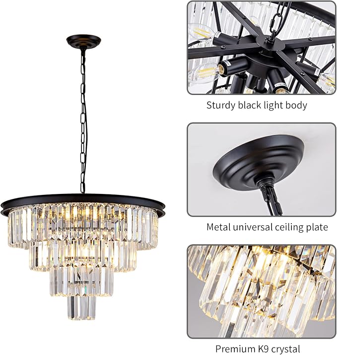 10 Light Black Crystal Chandelier 24'' Modern Round Chandeliers for Dining Room Contemporary Ceiling Pendant Light Fixture 4-Tier Adjustable Height E12 for Living Room Foyer Entryway - Image 5
