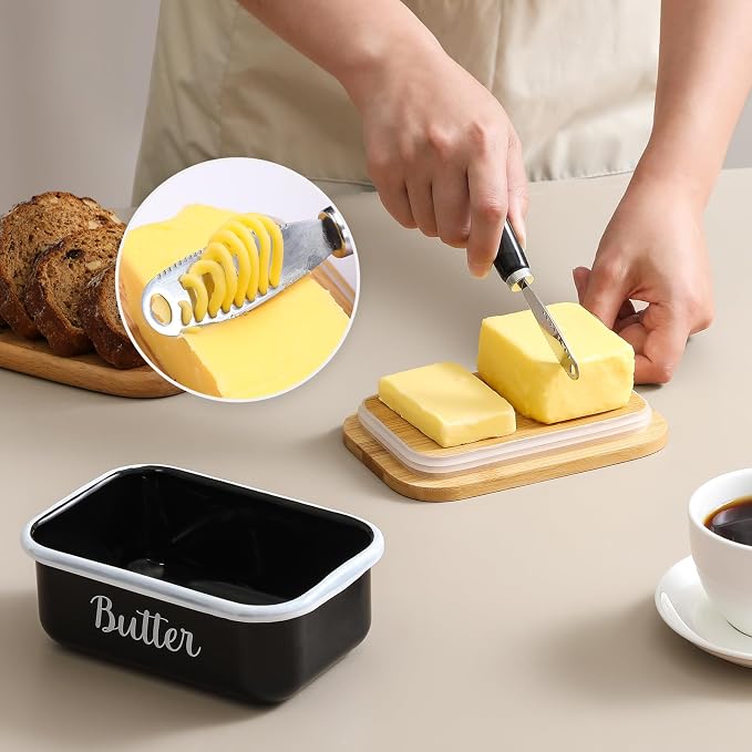 Butter Dish with Lid and Butter Curler Knife for Countertop - Unbreakable Metal Keeper Container with High-quality Double Silicone Sealing, for Kitchen Farmhouse Decor, Black - Image 3