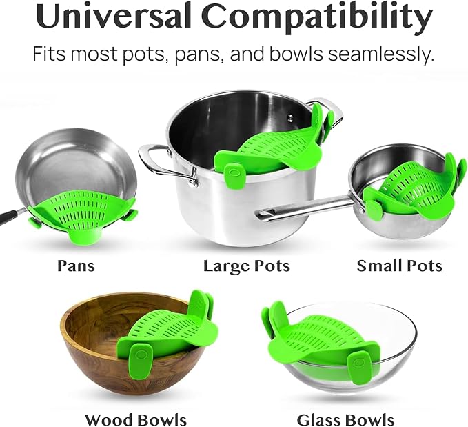 Kitchen Gizmo Snap N' Strain Clip On Strainer for Pots and Pans - Collapsible Silicone Pasta Strainer and Kitchen Gadget for Cooking - Easy to Use, Heat Resistant and Space Saving Colander - Green - Image 6