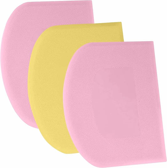 SURDOCA Dough Scraper Bench Scraper - 3P 9.5x6.1" Plastic Flexible Bowl Scraper, Sharp Edge & Angles Cake Scraper. Non-Slip Bakeware Decorating Tools Sculpting & Modeling Tools - Pink+Yellow+Pink