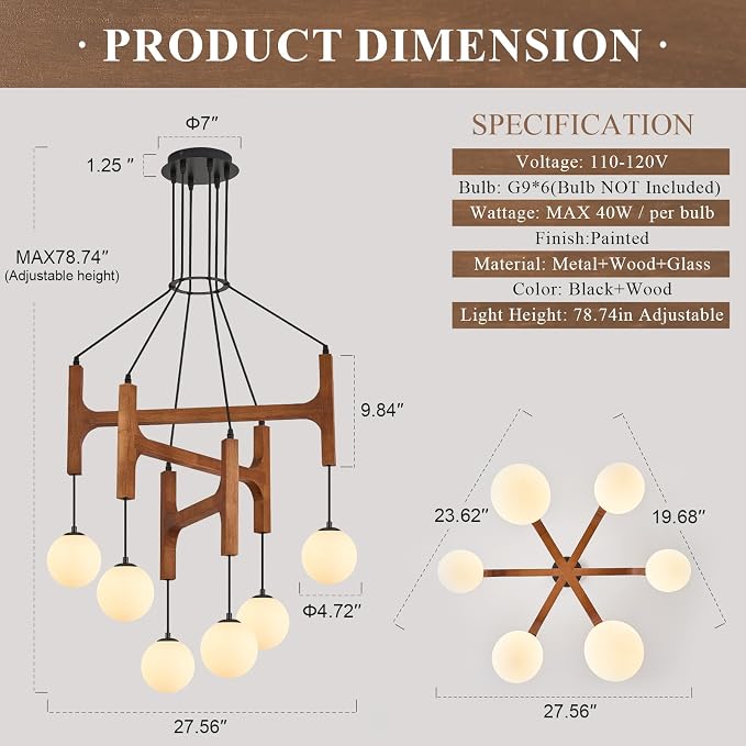 Farmhouse L28 '' Wooden Chandeliers with Milk Glass Globes Lampshades, Rustic Unique Mid Century Long 6-Light Pendant Chandelier for Living Dining Room Entryway Bedroom Kitchen,G9,Wood Stained Walnut - Image 3