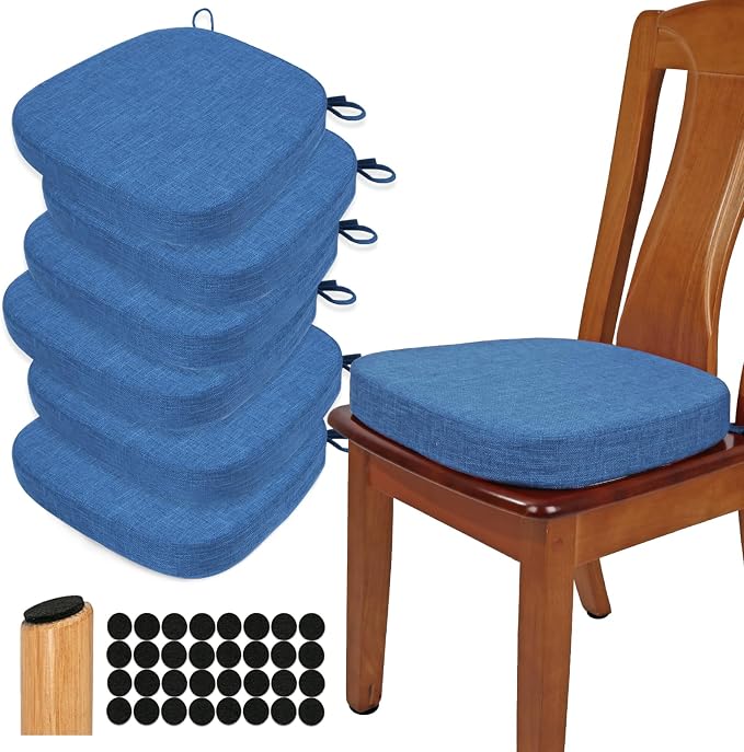 BUYUE Thickened 2.5" Dining Chair Cushions Set of 6, U-Shape High Density Foam Comfortable Chair Pads for Kitchen, Slip Resistant Indoor Seat Cushions (6 PCS, Dark Blue) by BUYUE