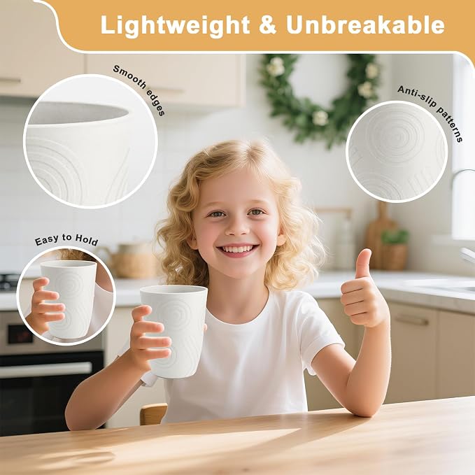 12oz Kids Cups, Wheat Straw Cups Set of 6, Unbreakable Plastic Tumblers, Plastic Drinking Glasses, Dishwasher Safe Plastic Cups for Kitchen, Camping, Party, Dorm, Drinking Cups - White - Image 4