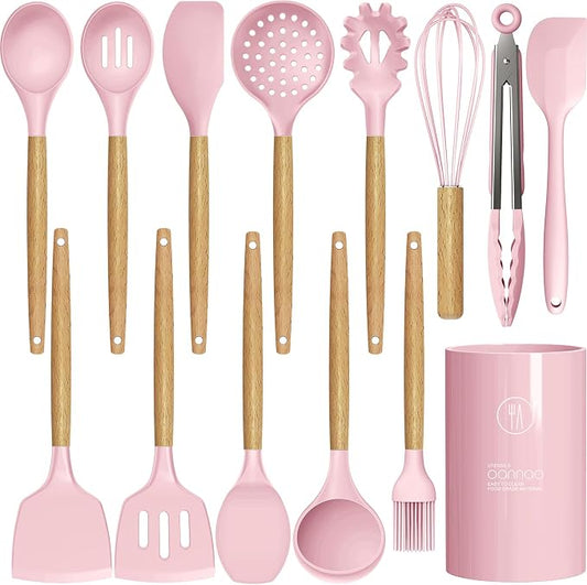 oannao Silicone Kitchen Utensils Set - 446°F Heat Resistant Cooking Utensil Sets, Spatula,Turner,Tongs,Spoon,Whisk, Wooden Handle Silicone Kitchen Gadgets Tools for Non-Stick Cookware BPA Free (Pink) by oannao