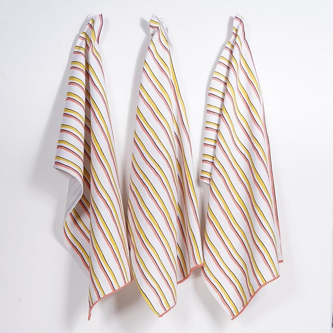 Printed Kitchen Dish Bar and Tea Towels Cotton, 18x28 inch with Trims, Cotton Dish Towel Sets (Yellow Stripes, Set of 6) - Image 3