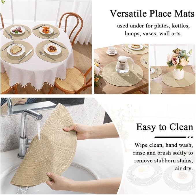 SHACOS 15 inch Round Braided Placemats Set of 4 Cotton Polyester Place Mats Washable Kitchen Dining Table Mats for Dinner Party Table Decor (Light Beige, 4) - Image 9