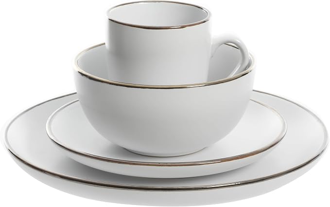 Gibson Home Rockaway Round Stoneware Dinnerware Set, Service for 4 (16pcs), Matte White/Metallic Rim - Image 3