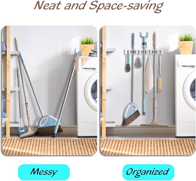 OUTNILI White Mop Broom Holder Wall Mount with 3 Slots & 4 Hooks - Wood Broom Mop Hanger for Pantry Kitchen Organization - Garden Tool Organizer for Closet Laundry Room - Image 5