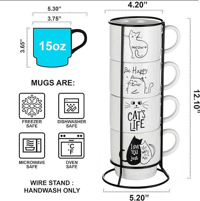 Signature Housewares Stackable Coffee Mug Tower Set with Metal Wire Rack - 15 Ounce Coffee Mugs for Coffee, Tea, Cocoa, Milk, Cappuccino, Hot Chocolate Set of 4 - Cat's Life - Image 2